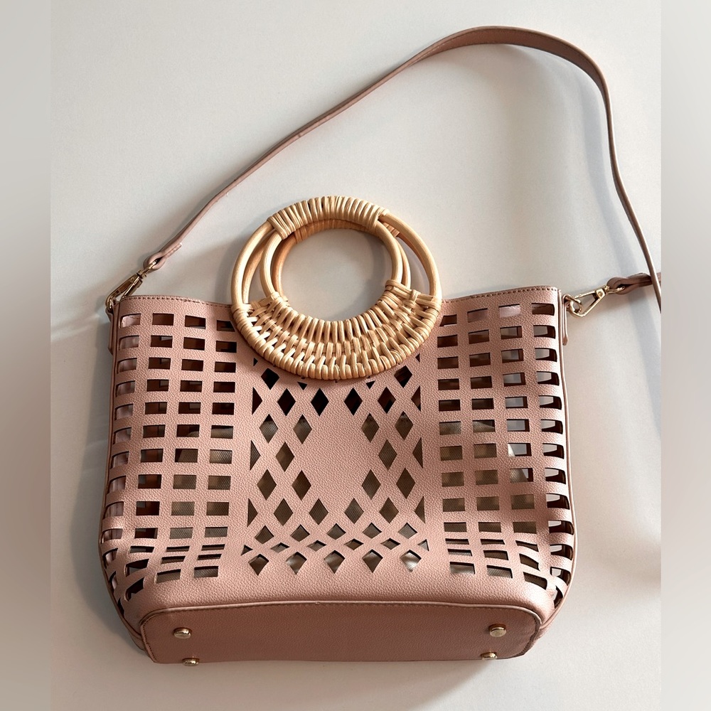 Anthropologie Blush Pink Laser-Cut Tote with Woven Bamboo Handles